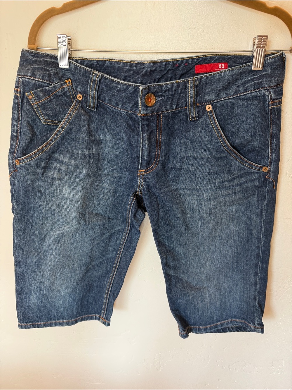 X2 Denim Shorts in Dark Blue with Red Tag